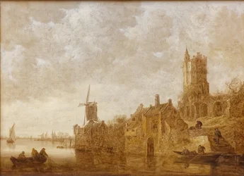 Rivierlandschap met molen en kasteelruïne